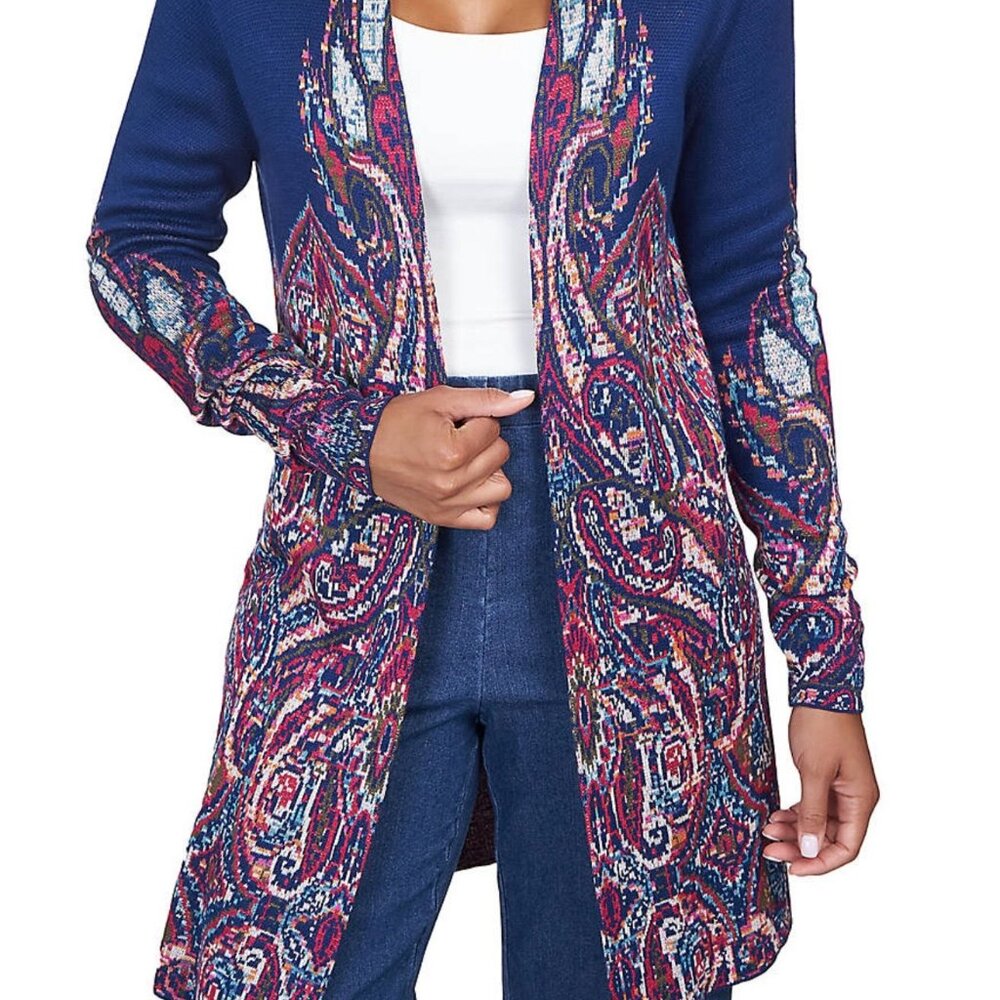Ruby Rd. Woman 2X Navy Kaleidoscope Paisley Open Front Long Sleeve Cardigan